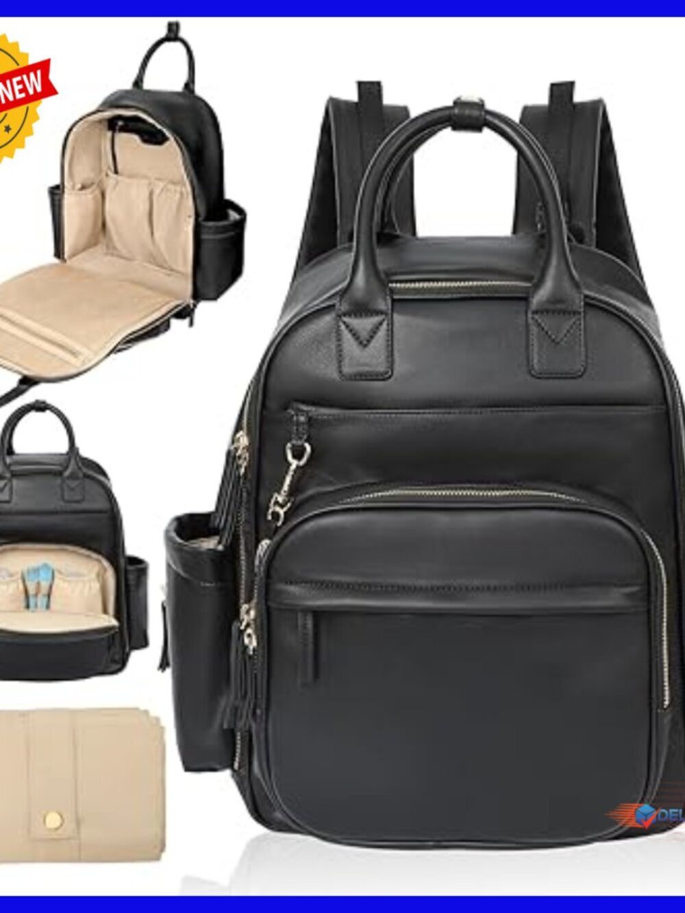 Large Leather Diaper Backpack with 16 Pockets, Changing Pad, Insulated